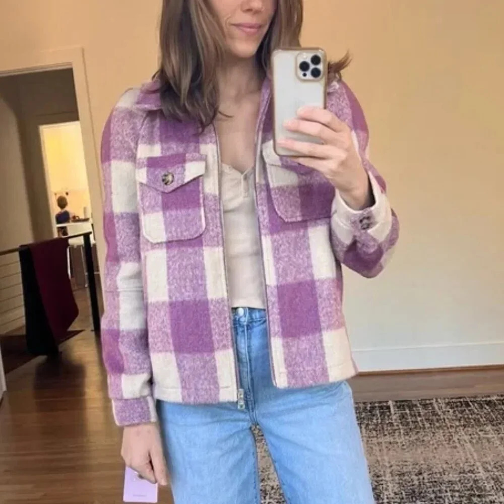 Avec Les Filles  Felted Plaid Check Zip Shacket Shirt Jacket Purple Cream Small